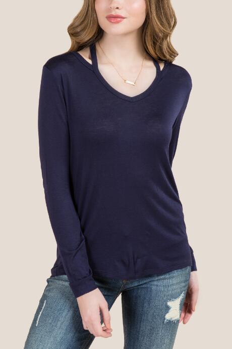 Jolie Clothing, Inc. Simone Long Sleeve Cut Out Basic Tee - Navy