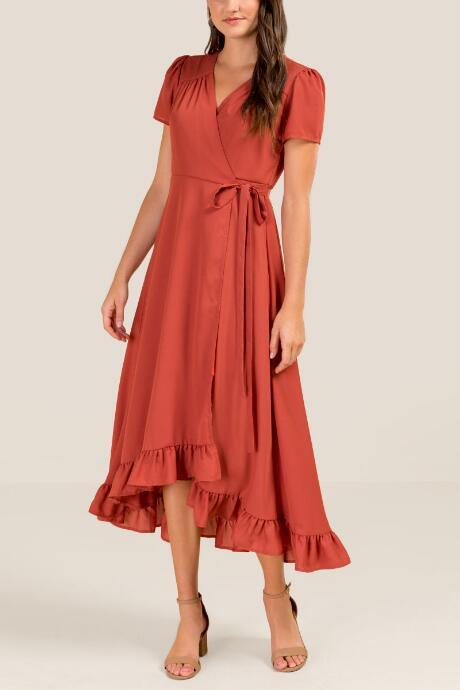 Francesca's Mallory Ruffle Trim Wrap Dress - Cinnamon