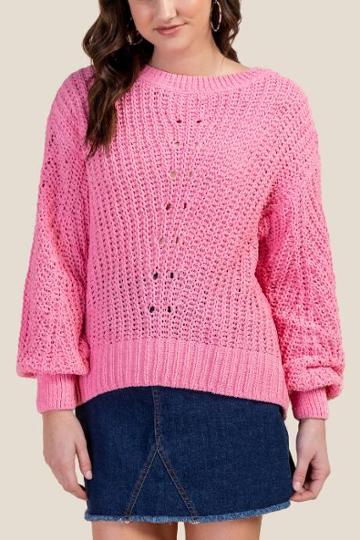 Francesca's Becca Pointelle Knit Pullover Sweater - Neon Pink