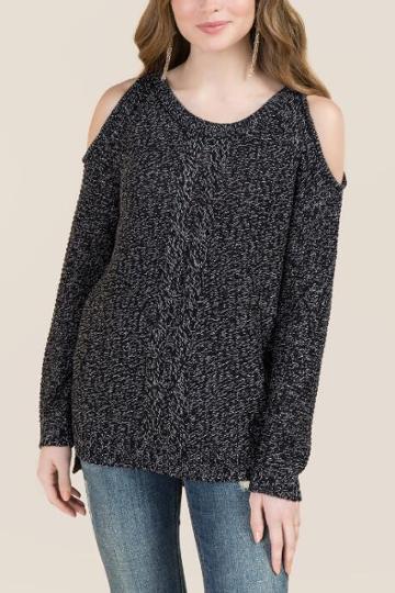Alya Kate Cold Shoulder Cable Pullover Sweater - Black