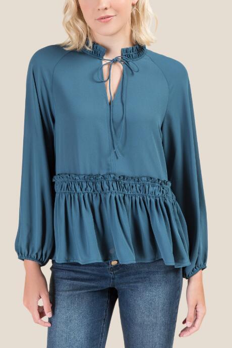 Francesca's Cara Smocked Peplum Blouse - Dark Teal