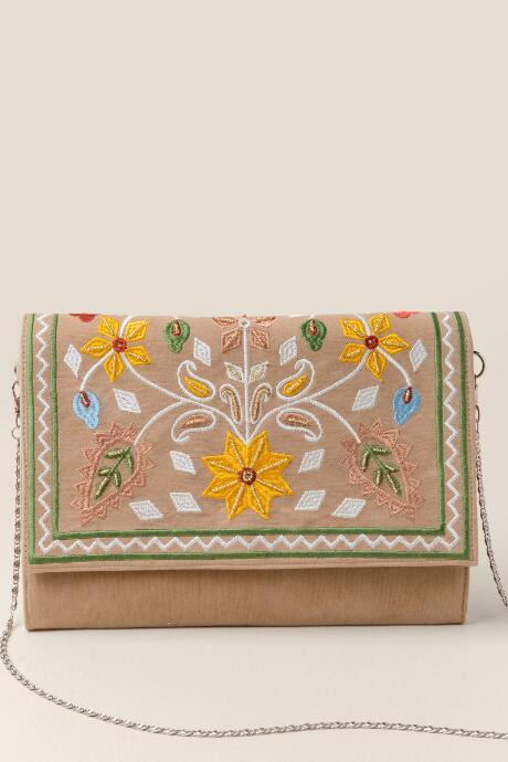 Francesca Inchess Joanne Velvet Floral Embroidered Clutch - Tan