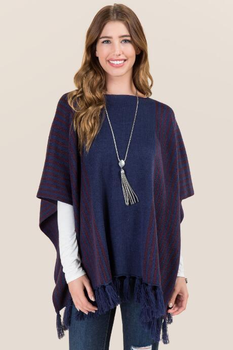 Francesca's Ruthie Striped Tassel Ruana - Navy
