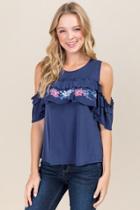 Alya Tamera Cold Shoulder Embroidered Ruffle Top - Navy