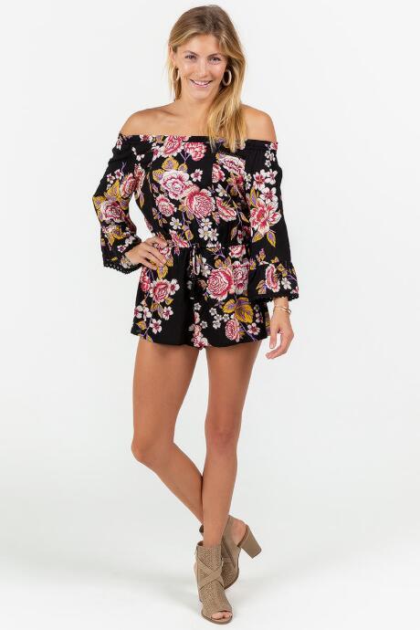 Francesca's Noel Floral Off The Shoulder Romper - Black
