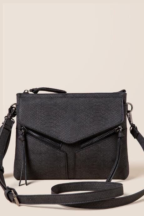Francesca's Kaylee Snake Skin Double Zip Crossbody - Black