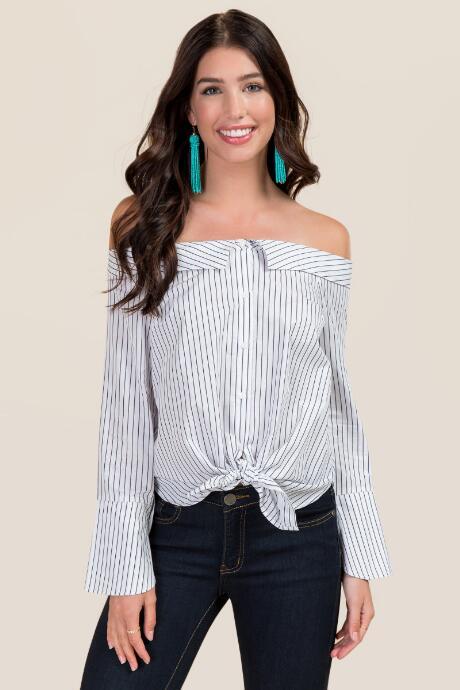 Lush Poplin Striped Off The Shoulder Top - Black/white