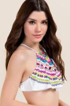 Francesca's Bay Bright Printed High Neck Flounce Swimsuit Top - White