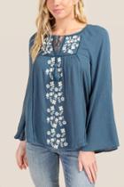 Francesca's Corinne Embroidered Peasant Blouse - Dark Teal