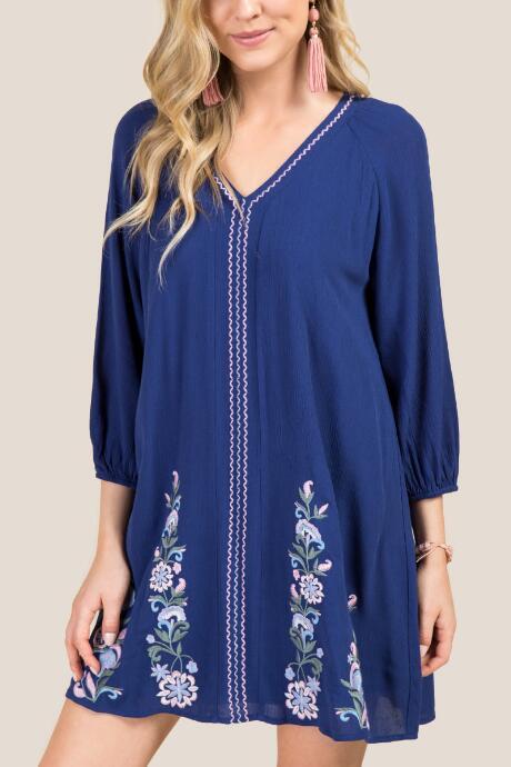 Francesca's Shiloh V-neck Embroidered Hem Shift Dress - Navy