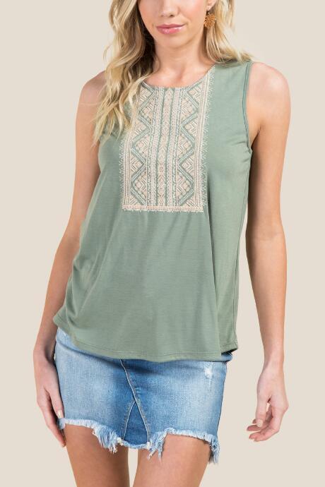 Francesca's Skye Embroidered Tank Top - Dark Olive