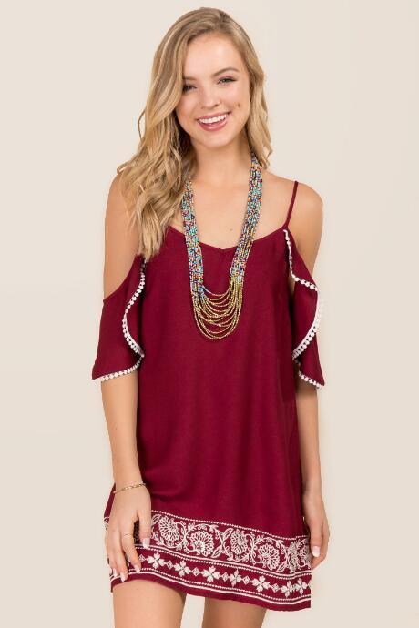 Francesca's Kelly Embroidered Cold Shoulder Shift Dress - Wine