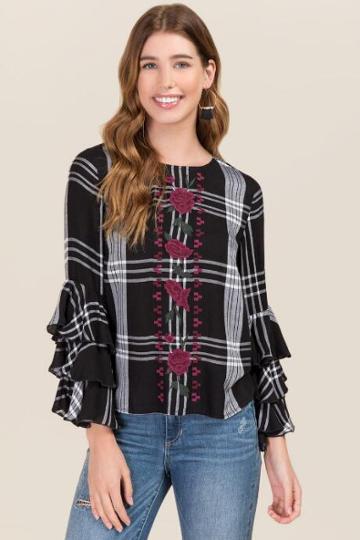 Jainsons International Elida Triple Tier Ruffle Plaid Embroidered Top - White