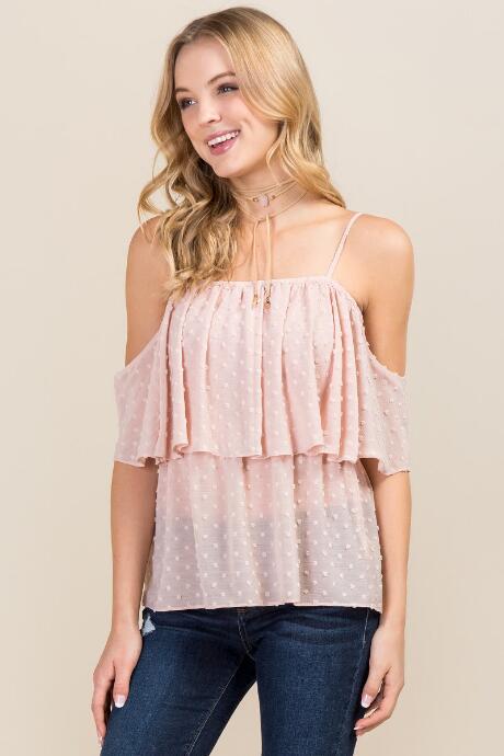 Blue Rain Francine Swiss Dot Ruffle Cold Shoulder Top - Mauve