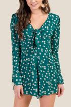 Francesca's Stella Tie Front Bell Sleeve Romper - Forest