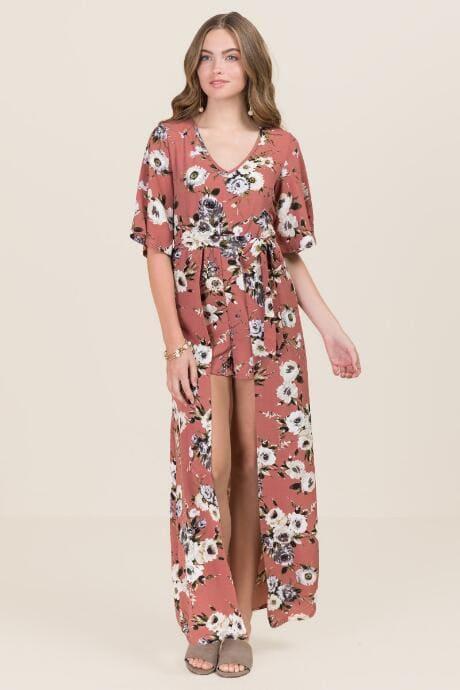 Mi Ami Willow V Neck Tie Waist Maxi Romper - Rose
