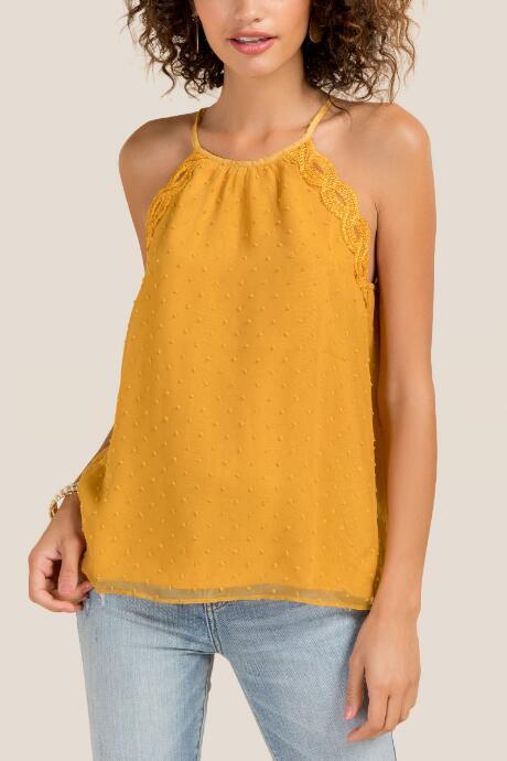 Francesca's Candee High Neck Swiss Dot Lace Edge Top - Marigold