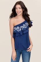 Ayla Alean One Shoulder Ruffle Embroidered Top - Navy