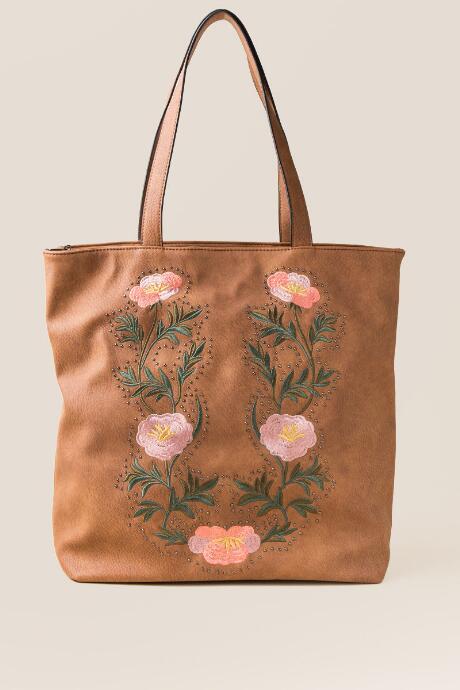 Francesca's Ania Floral Distressed Tote - Cognac