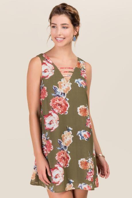 Francesca's Britta Floral Shift Dress - Dark Olive