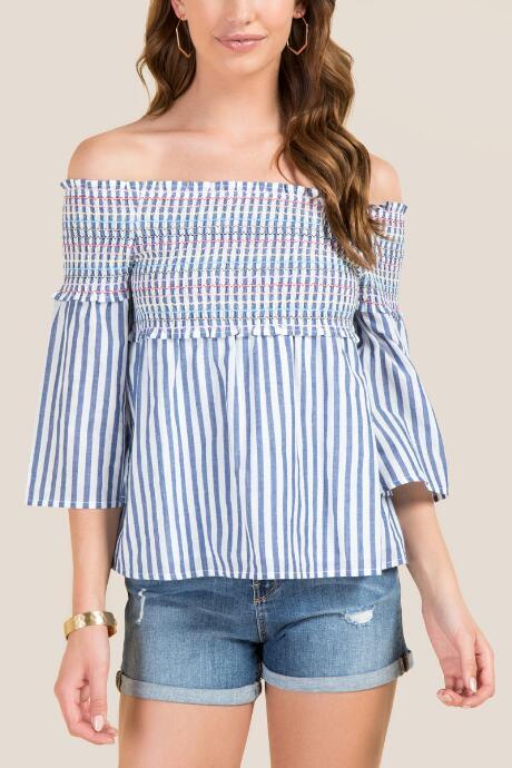 Francesca's Sonya Smocked Off The Shoulder Top - Navy