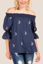 Francesca's Annie Off The Shoulder Embroidered Blouse - Navy
