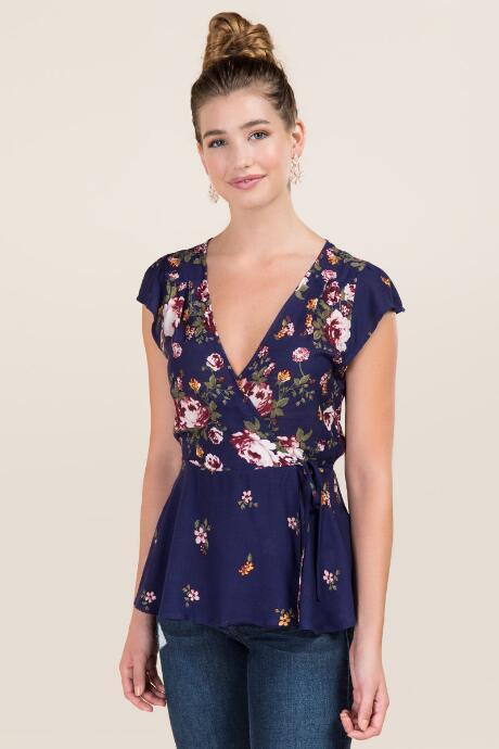 Francesca's Paloma Floral Wrap Blouse - Navy