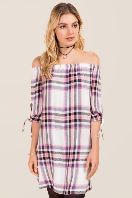 Blue Rain Louisa Plaid Off The Shoulder Shift Dress - Purple