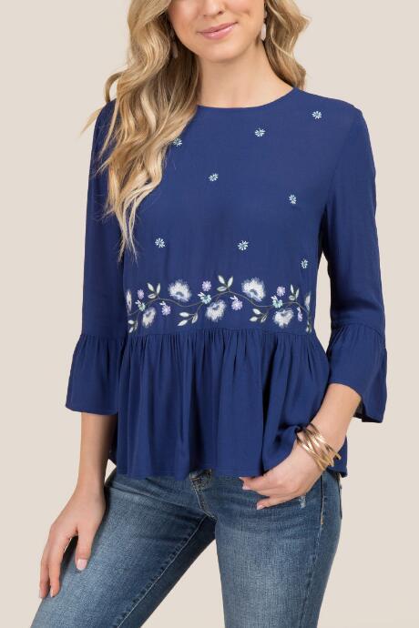 Francesca's Melanie Scattered Embroidery Peplum Top - Navy