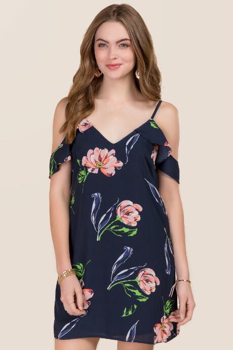 Francesca's Shelly Floral Cold Shoulder Dress - Navy