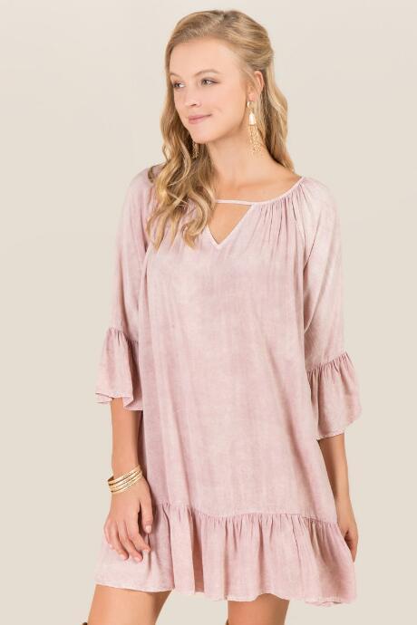 Blue Rain June Keyhole Ruffle Mineral Wash Shift Dress - Mauve