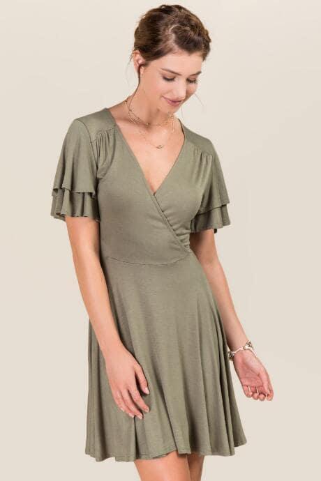 Alya Evan Ruffle Sleeve Knit Wrap Dress - Dark Olive