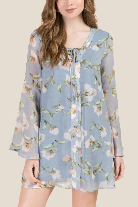 Francesca Inchess Angela Floral Pastel Bell Sleeve Shift Dress - Light Blue