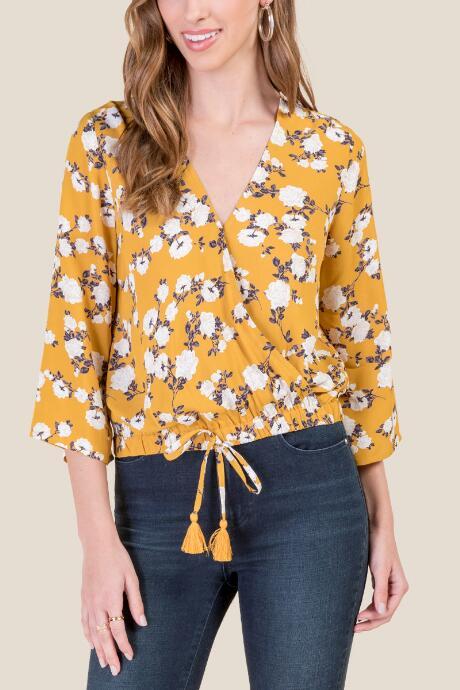 Francesca's Laurel Floral Surplice Blouse - Sunshine