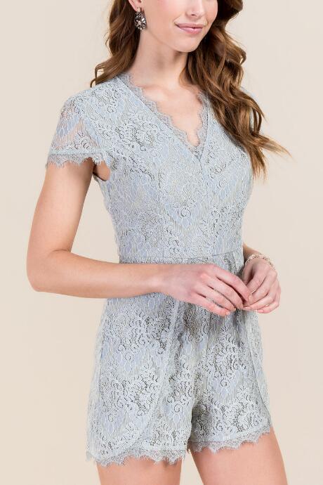 Francesca's Deana V-neck Lace Romper - Mint
