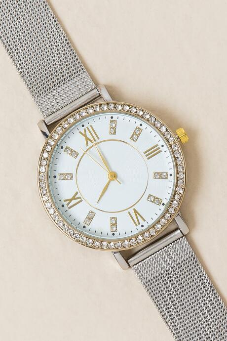Francesca's Roxanne Diamond Mesh Band Watch - Mixed Plating