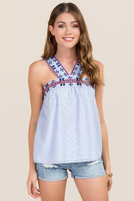 Blue Rain Isbel Embroidered Y Neck Tank - Oxford Blue