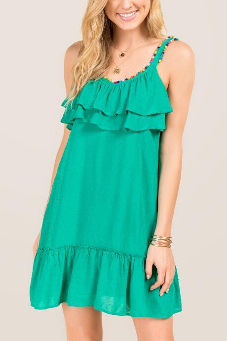 Francesca's Cadence Swiss Dot Multi Pom A-line Dress - Jade
