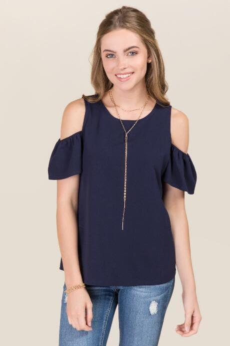 Blue Rain Carol Ruffle Cold Shoulder Blouse - Navy
