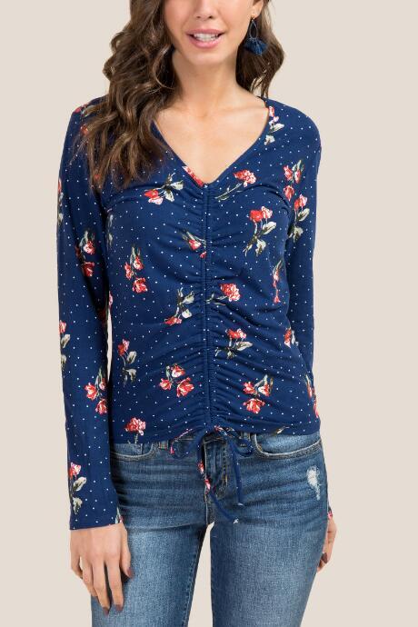 Francesca's Sam Cinch Front Polka Dot Floral Top - Navy