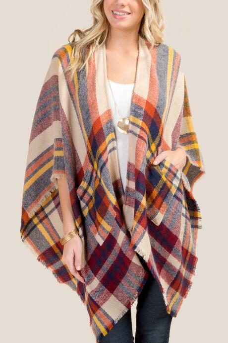 Francesca's Parker Plaid Ruana With Pockets - Sand