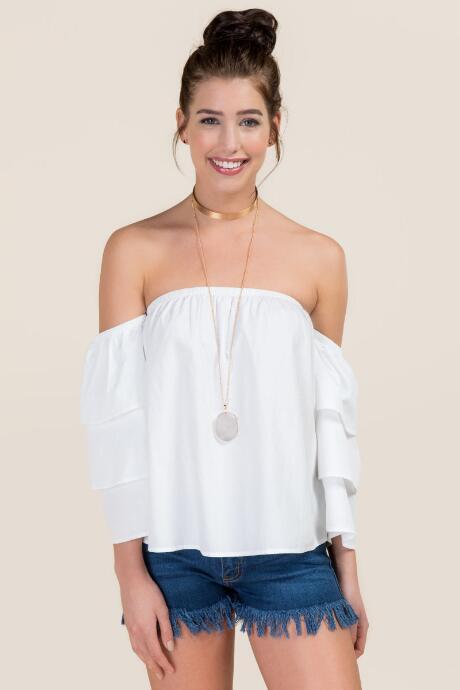 Blue Rain Star Off The Shoulder Tiered Ruffle Sleeve Top - White