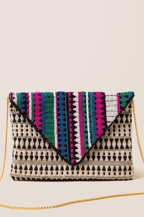 Francesca's Loren Aztec Beaded Clutch - Black/white