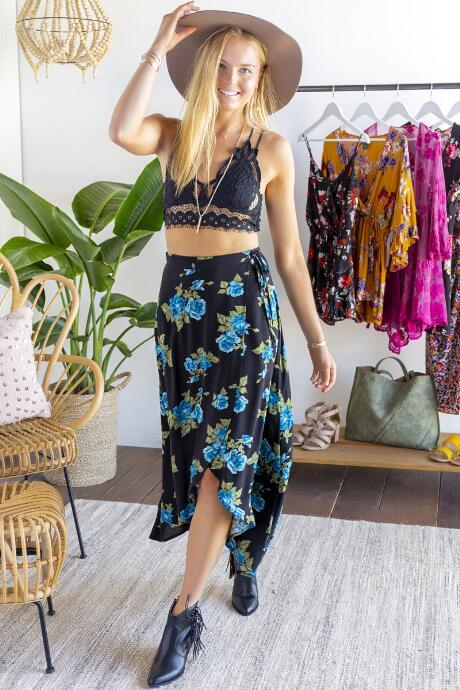 Francesca's Andell Floral Wrap Maxi Skirt - Black