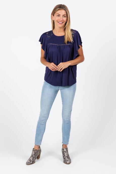 Francesca's Sicily Smocked Ruffle Sleeve Blouse - Navy