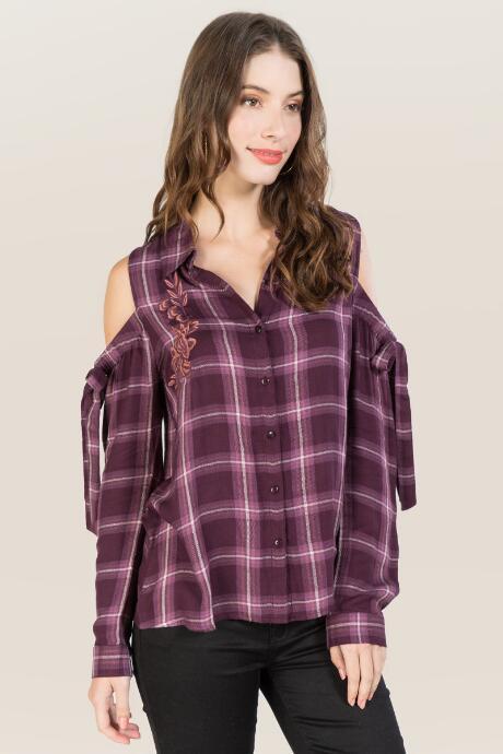 Blue Rain Braylee Cold Shoulder Tie Sleeve Plaid Button Down - Purple