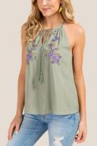 Francesca Inchess Tully High Neck Floral Embroidered Top - Dark Olive