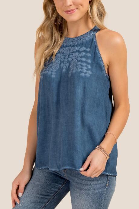 Francesca Inchess Ari Aztec Embroidered High Neck Tank Top - Navy