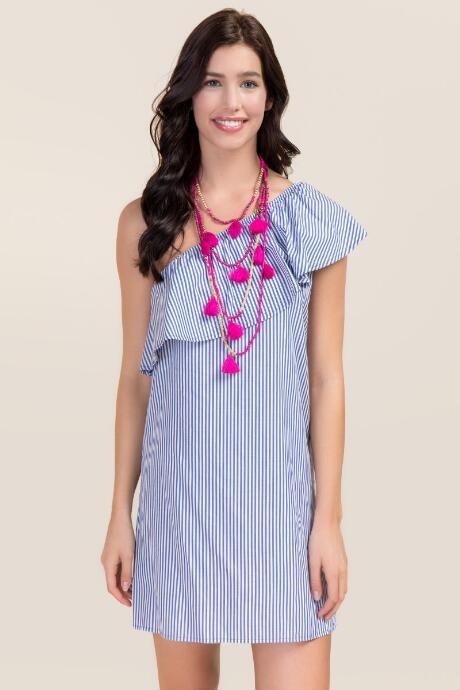 Francesca's Ellie One Shoulder Poplin Dress - Oxford Blue