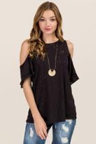 Alya Nerys Double Ruffle Cold Shoulder Distressed Knit Tee - Black